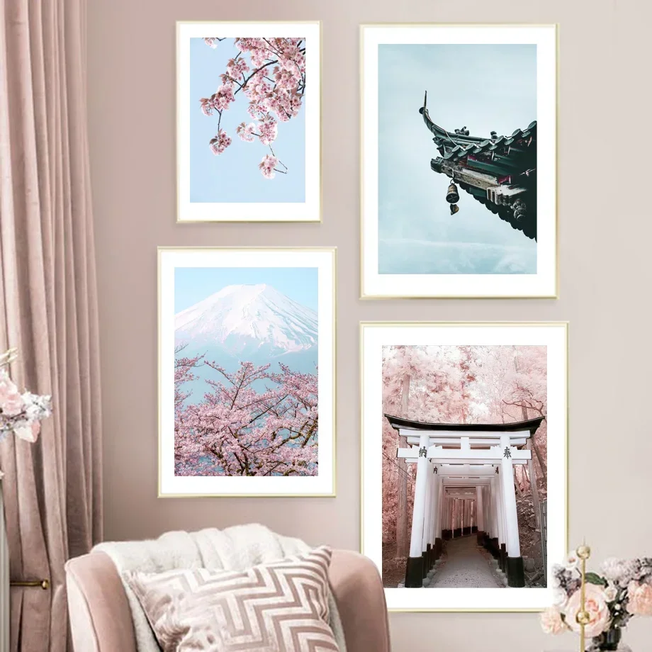 Flor de melocotón Torii Osaka Sensoji Temple Mount Fuji nórdico Japón minimalista cuadro sobre lienzo para pared carteles para decoración del hogar