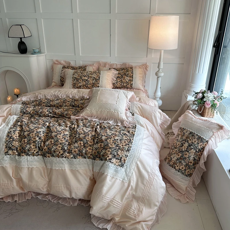 Vintage Floral Print Lace Ruffles Princess Bedding Set Egyptian Cotton Duvet Cover Bed Sheet/Bed Skirt/Fitted Sheet Pillowcases