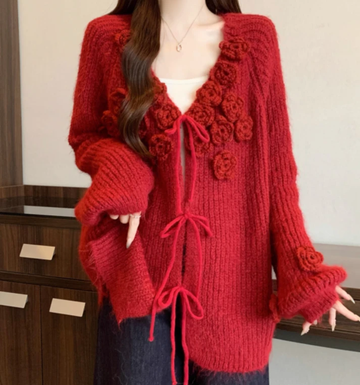 Jesienno-zimowy sweter w dużych rozmiarach, świąteczny, czerwony, z trójwymiarowymi kwiatami, dekolt w serek, słodka dziewczęca moda, luźny, z długim rękawem, dzianinowy top.