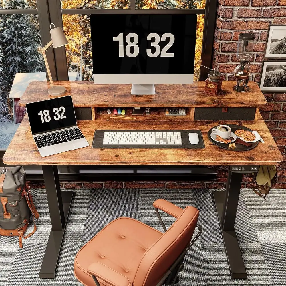 24 Height-Adjustable Electric Desk, Double Desk Surface, Storage Shelf, Rustic Brown, Stand-Up Table