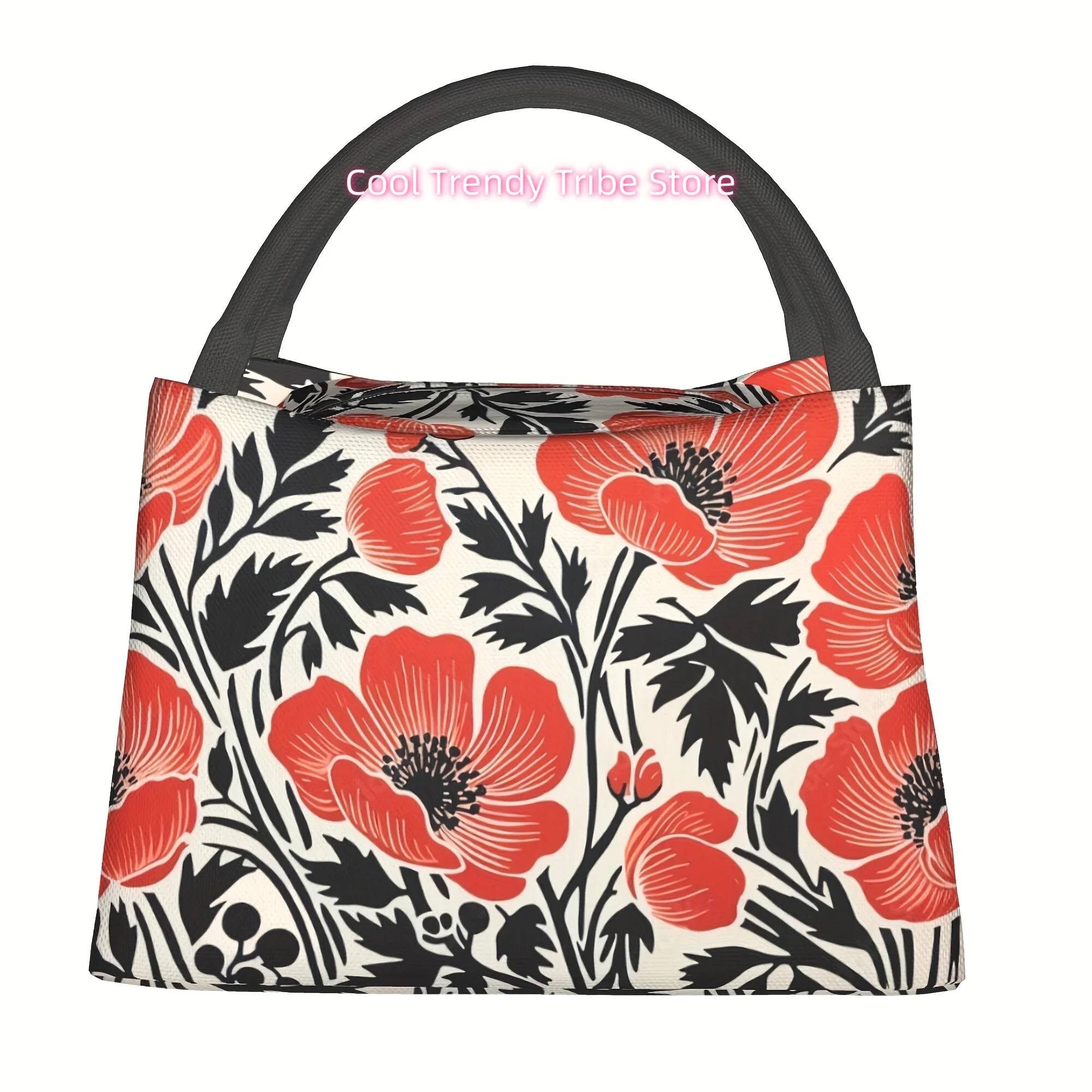 1pc Red Flower Cooler Bag/Portable Reusable Insulated Lunch Bag for Camping Picnic Beach/Home Restaurant Office Construction Sit