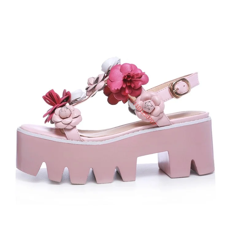 Zoete Roze Plateausandalen Dikke Onderkant Bloem Hoge Hak Pumps Romeinse Wiggen T Band Peep Toe Sandali Donna Eleganti