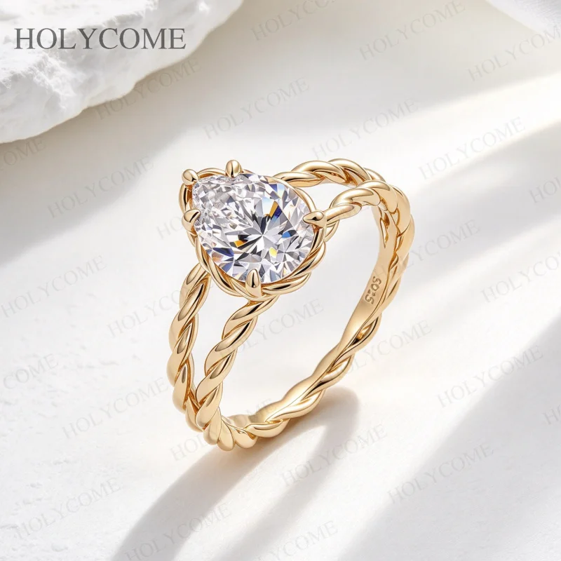 Pear Cut 2CT D Color Moissanite Ring 925 Sterling Silver Twisted Band Fine Jewelry Wedding Engagement Ring for Women