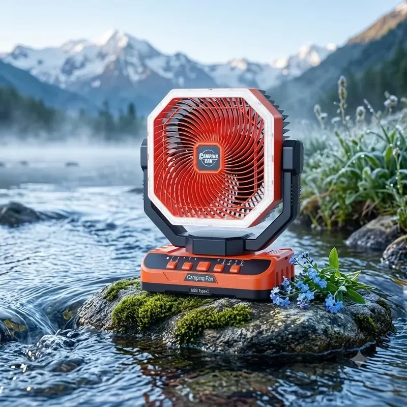 Portable Rechargeable Camping Fan with LED Light and Hook for Tent Hiking Emergency Outdoor Use Electric Table Fan