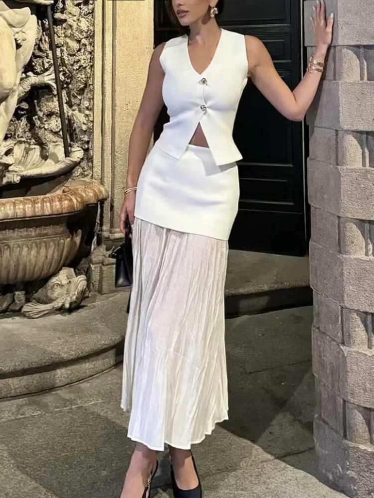 HH Elegant Women's Two-Piece Outfit Knitted V-Neck Sleeveless Slim Vest +Solid High Waist Zipper Patchwork Long Skirt Set