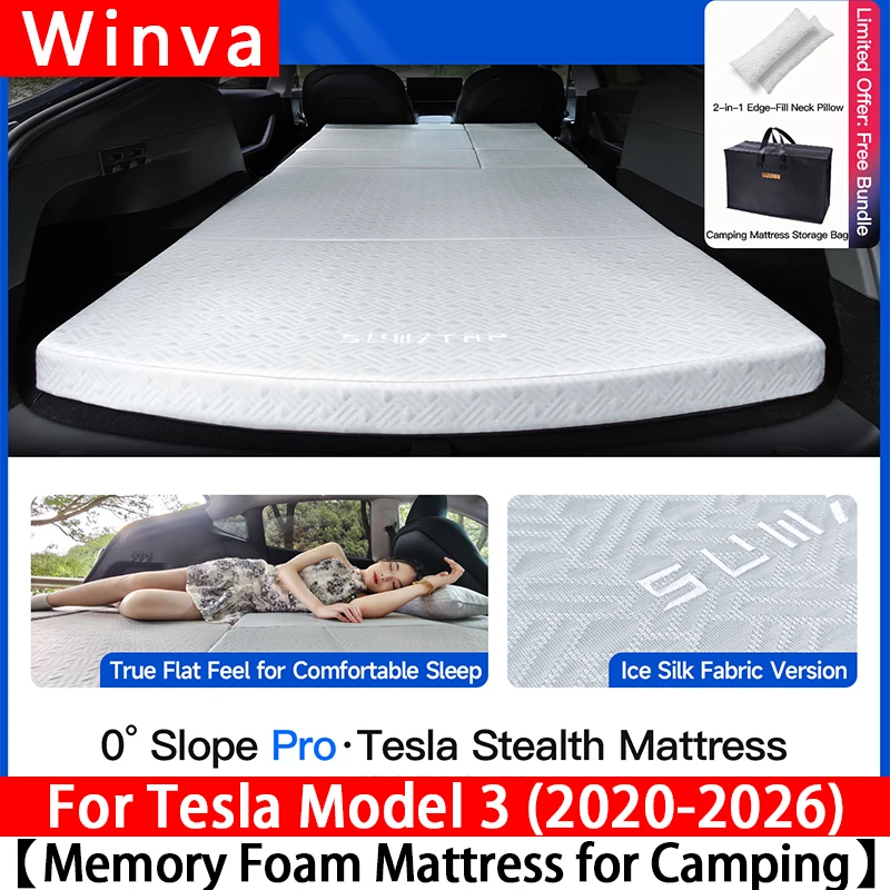 For Tesla Model 3 2020-2023& Highland 2024-2026 Memory Foam Car Bed for Camping, Foldable Travel Mattress, Portable Sleeping Pad