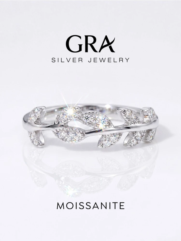 GRA echter Moissanit-Diamant, modischer kleiner frischer Blatt-Ring für Damen, Alltagskleidung, Jahrestag, 925er Sterlingsilber, edler Schmuck