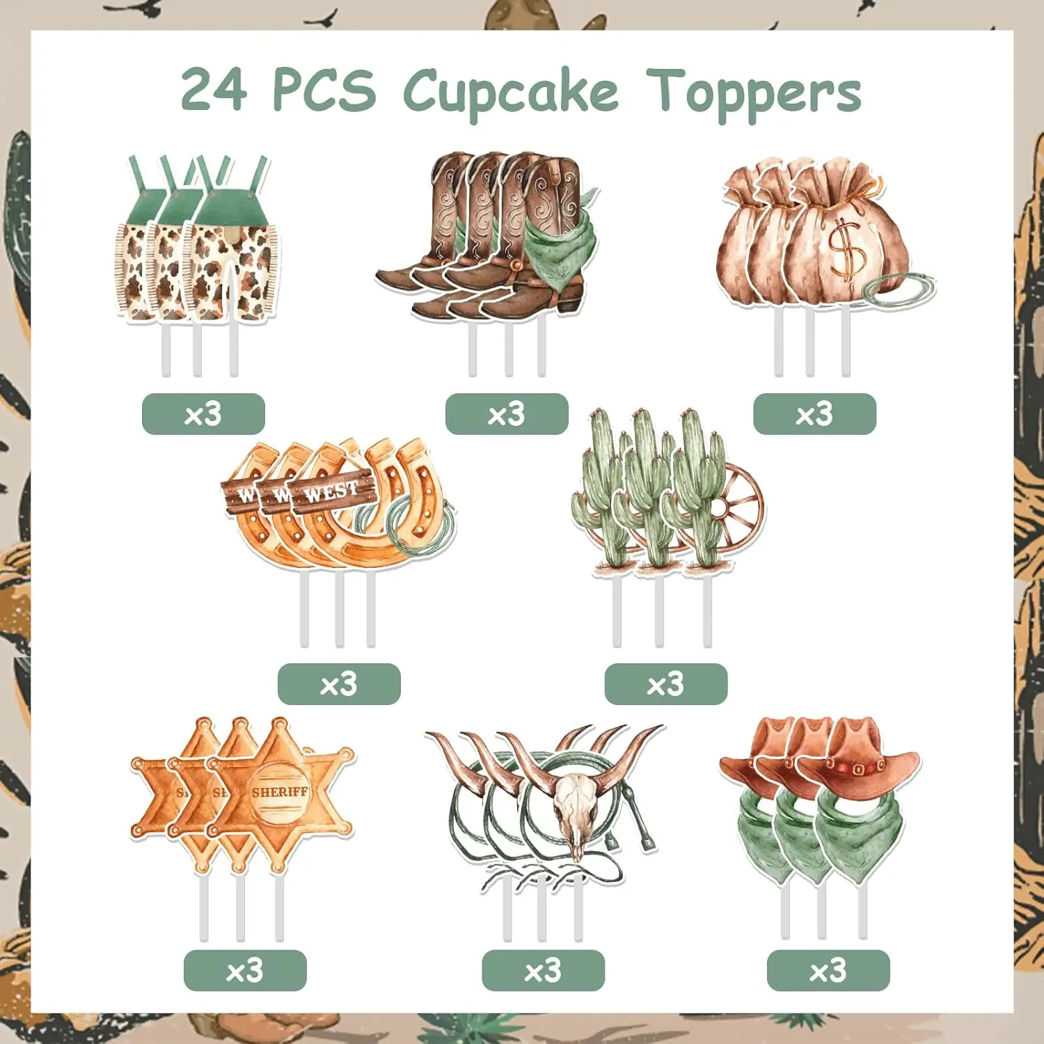 Cowboy Cupcake Toppers Cake Decorations,Western Cowgirl Theme Cupcake Toppers, Rustic Hat Boot Cupcake Birthday Party Supplies view 6