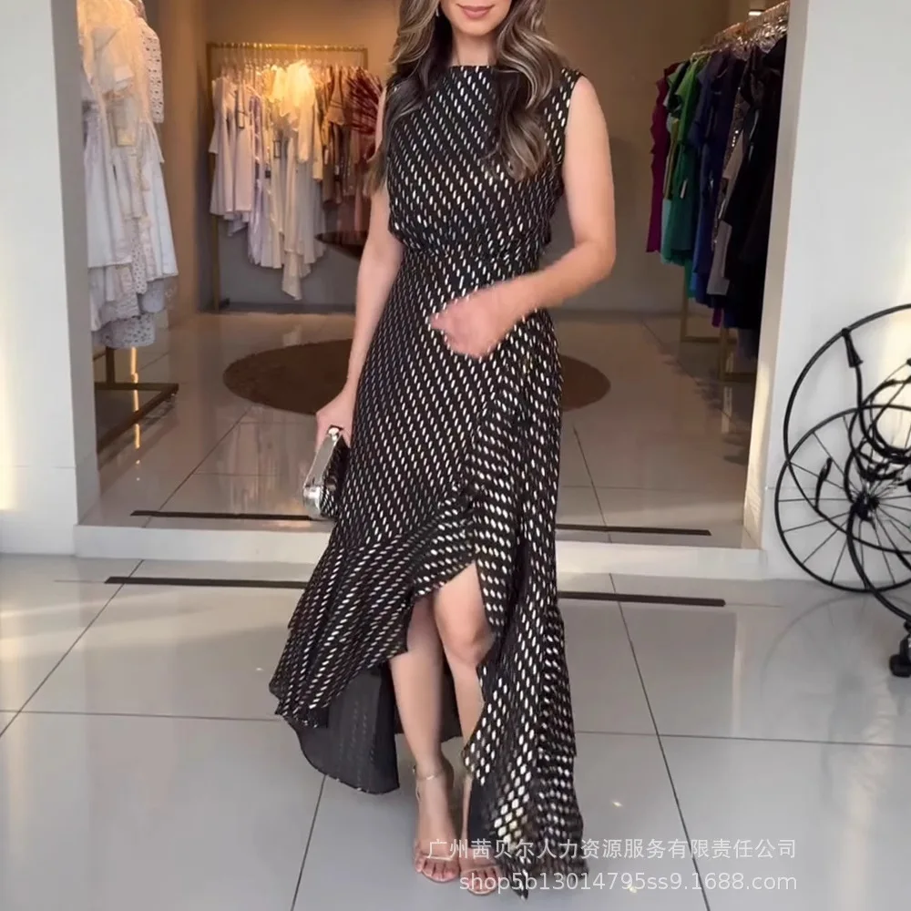 Robe Maxi sans manches pour femmes, élégante, asymétrique, à volants, fente, slim, moulante