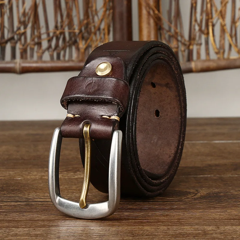 Trendy Retro Style Stainless Steel Buckle Leather Belt Men's Genuine Leather Pin Buckle Casual Waistband