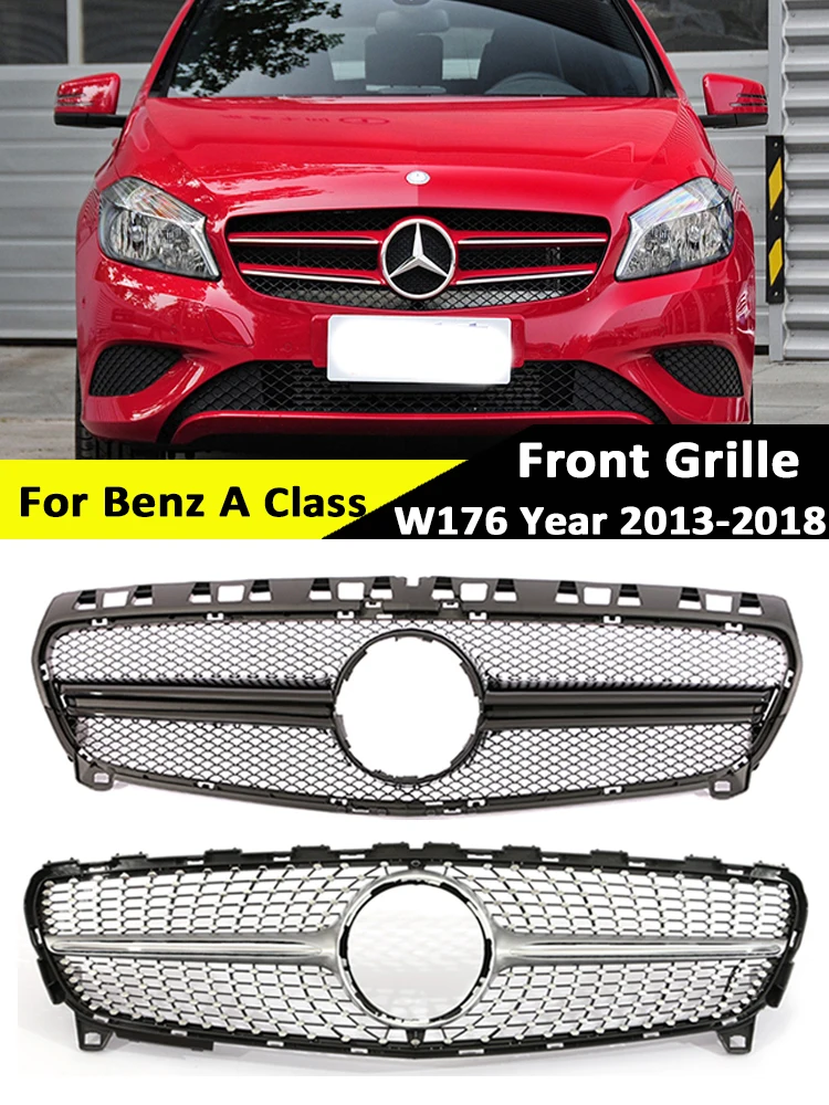 

For Mercedes Benz A Class W176 A45 GT Diamond AMG Style Silver Grille Front Bumper A35 A180 A200 A250 A260 2013-2018 Camera Hole