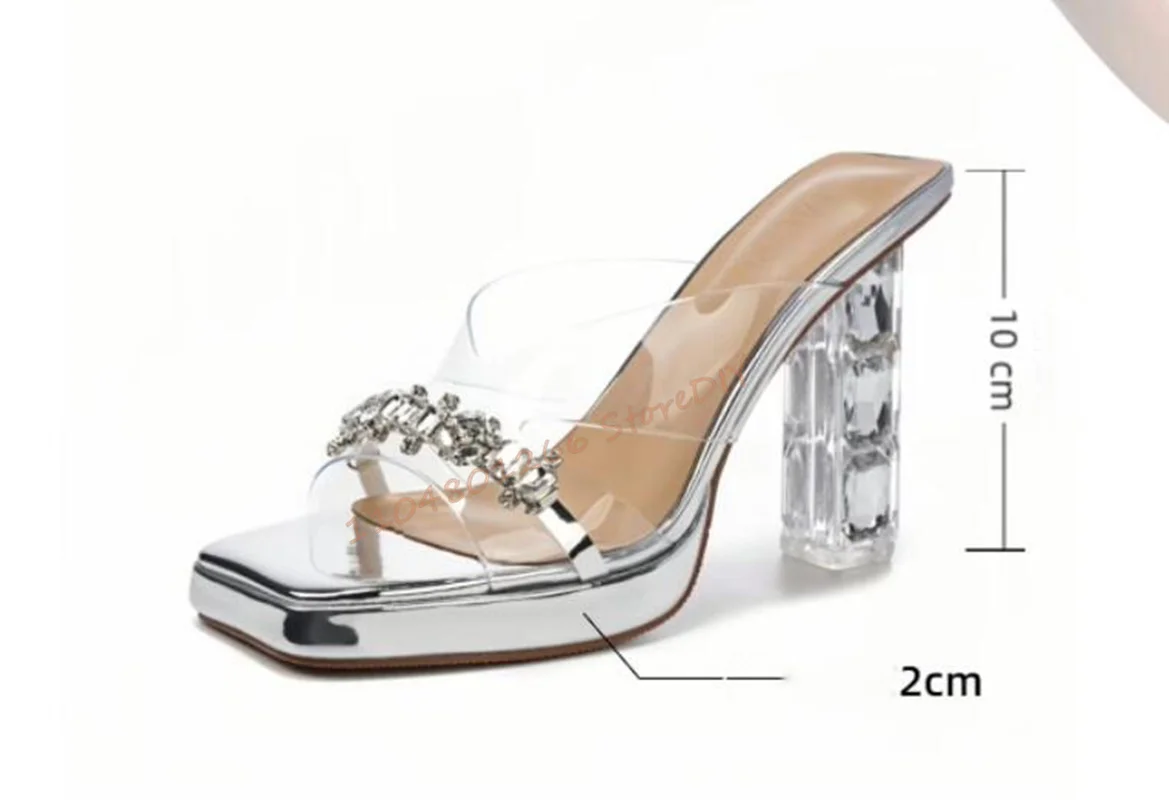 2 سنتيمتر منصة كريستال كعب مع الأحجار الكريمة لامعة شفافة بولي كلوريد الفينيل كعب الصنادل الصيف خط واحد عالية الكعب ساحة تو أحذية النساء