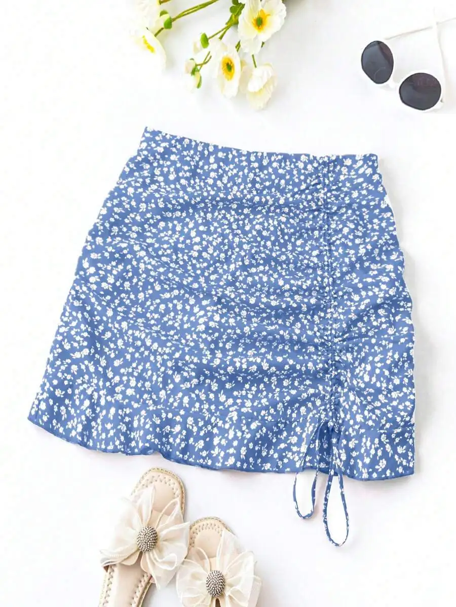

Blue Ditsy Floral Print Drawstring Mini Skirt for Summer Casual Wear
