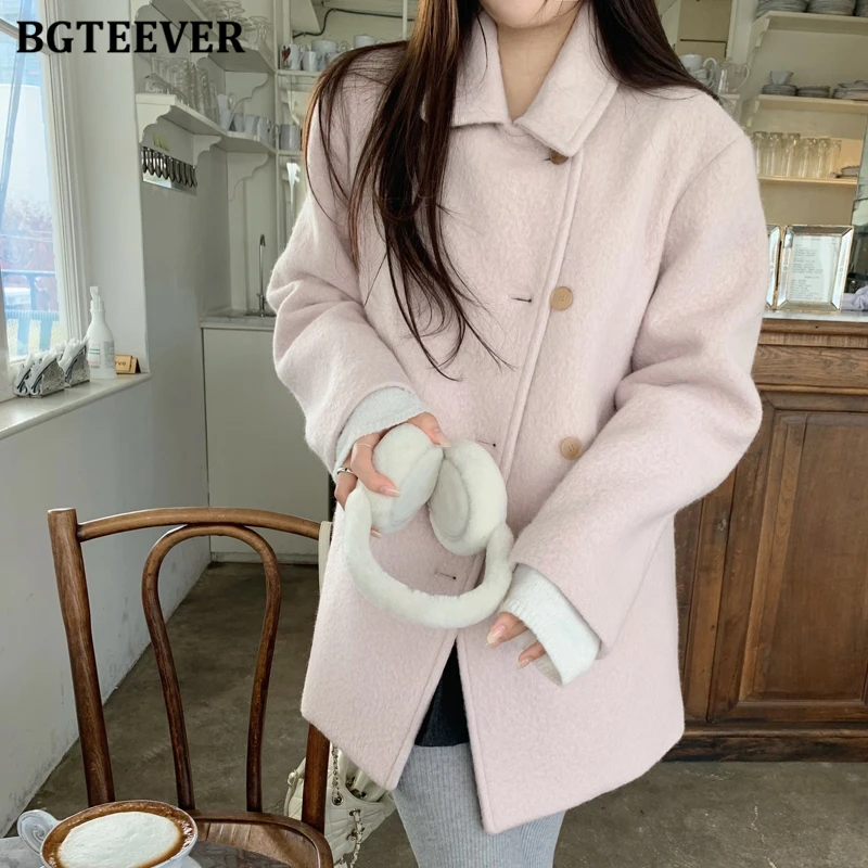 

BGTEEVER Elegant Double Breasted Lapel Female Woolen Jackets Stylish Thicken Warm Long Sleeve Loose Pockets Women Blend Coats