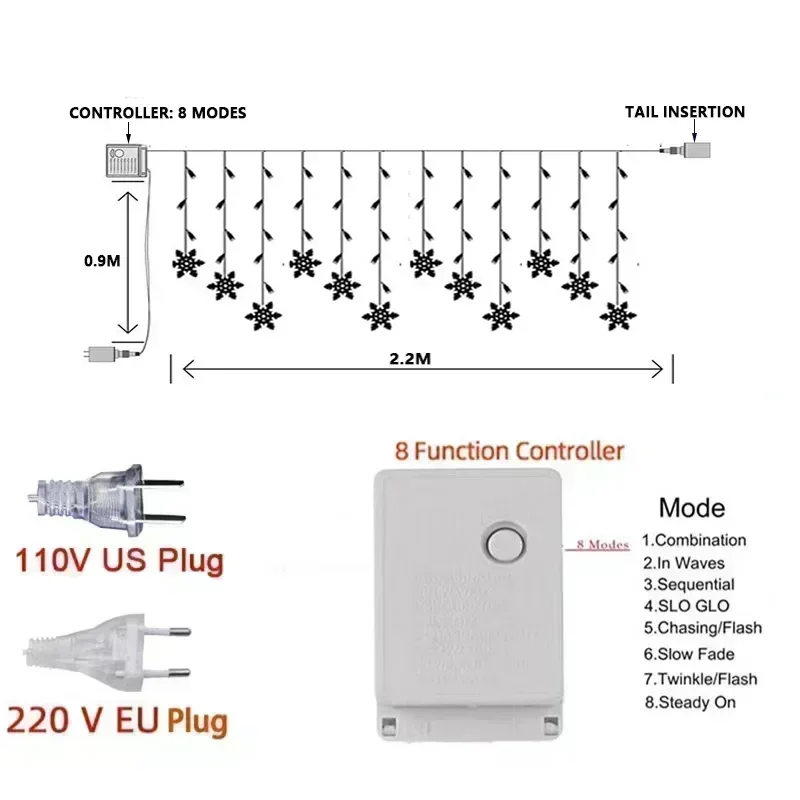 3M عيد الميلاد ضوء Led ندفة الثلج الستار جليد الجنية سلسلة أضواء في الهواء الطلق جارلاند حفلة المنزل حديقة 2024 السنة الجديدة الديكور #5