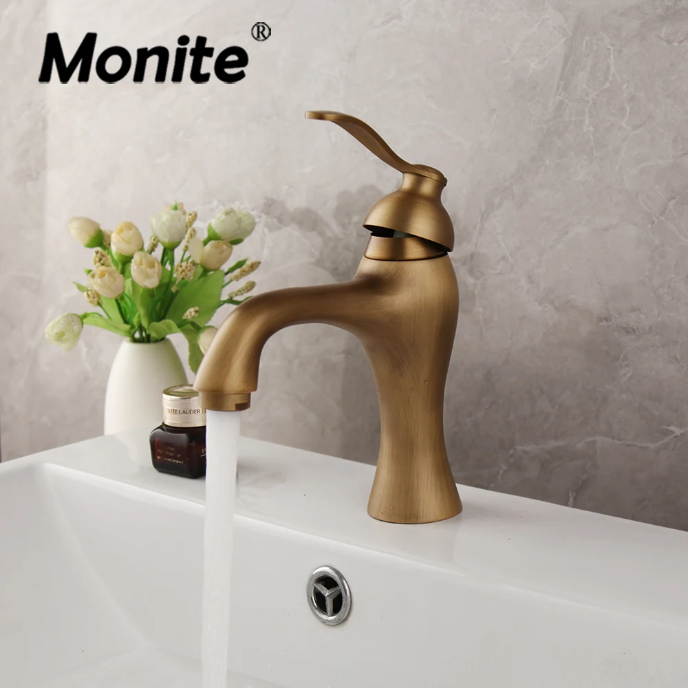 

Monite Basin Faucet Antique Brass Deck Mounted Single Handle Hot and Cold Water Simple Style Bathroom Sink Mixer Tap