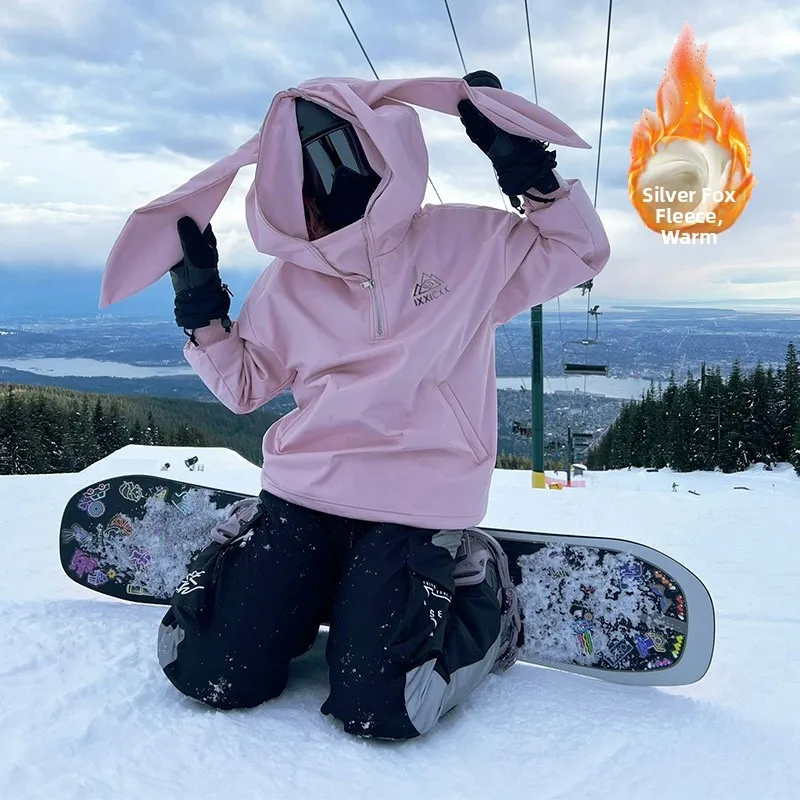 

Men's Snowsuit Hoodie Silver Fur Lined Inteated Jaet Rabbit Ear Design Warmth down Jaet Thiened Winter Coat