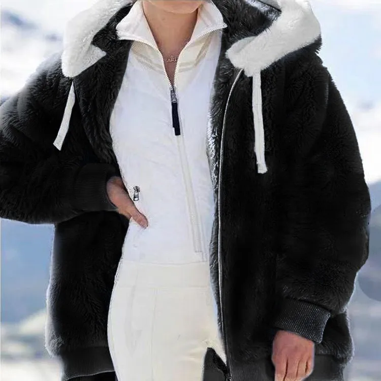 Women's Thick Fleece Casual Color Block Hoodie Long Sleeve Zipper Mid Length Winter Women's Clothing Jackets And Vests with