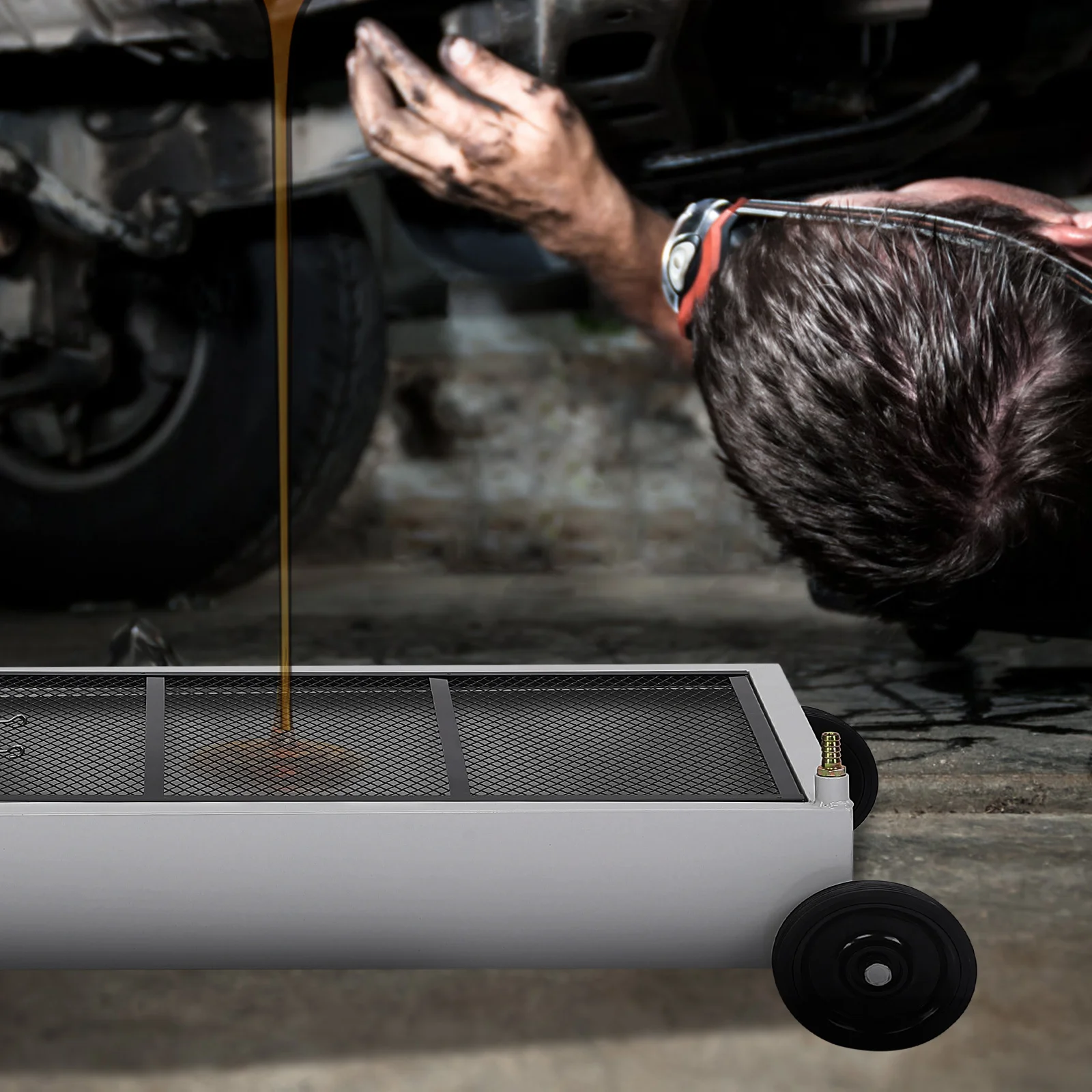Heavy Duty Low Profile Oil Drain Pan with Pump – 17 Gallon Capacity – Collapsible T-Handle, 7.2ft Hose – Large Oil Collection Cart for Car, SUV, Truck, Motorcycle Oil Changes