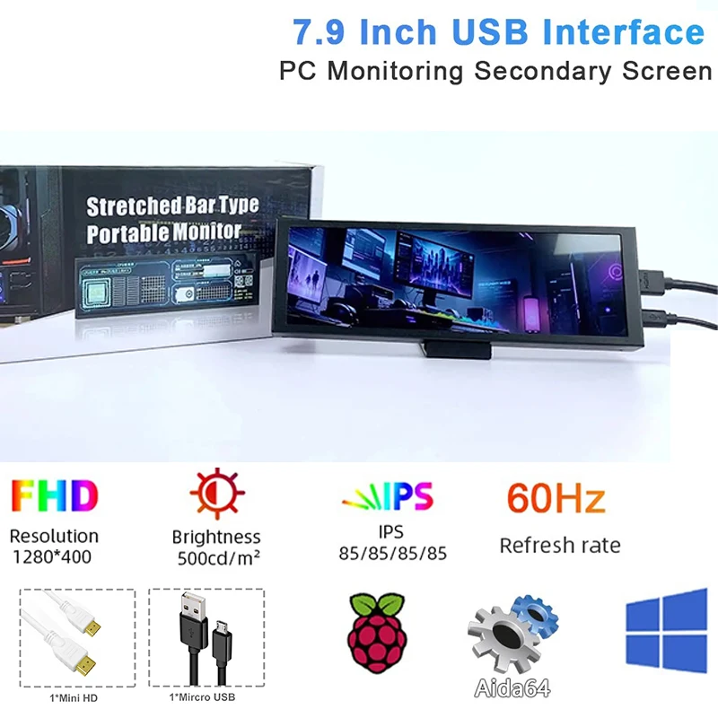 

Wisecoco 7,84-дюймовый дополнительный экран, мини-IPS-монитор, 1280x400, растянутый панельный дисплей для ноутбука, игрового процессора, графического процессора, оперативной памяти, мониторинга