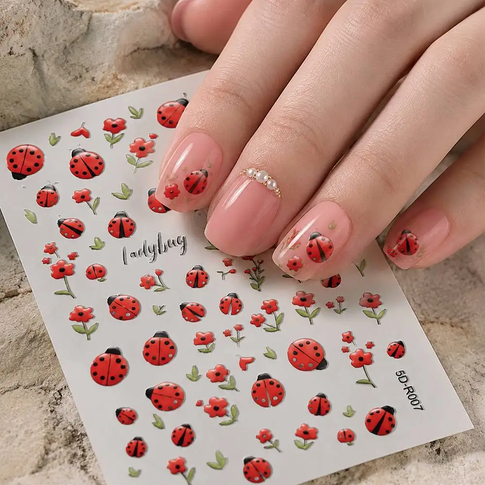 1Pc Intricate Detailed Ladybug Nail Stickers Adhesive Red Flower And Leaf Leafy Garden Nail Decal Cottagecore Vibe Nail Sliders