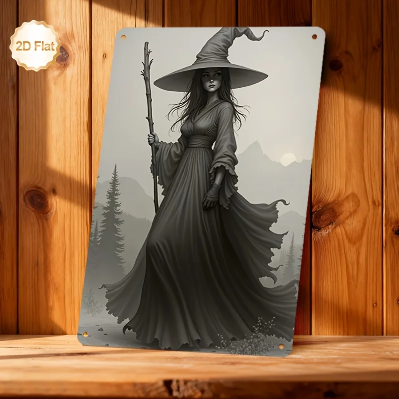 2D Flat - 1pc Two-Dimensional Flat Wall Art Featuring a Witch in a Dark Forest Holding a Staff. This Metal Sign Is Perfect for D