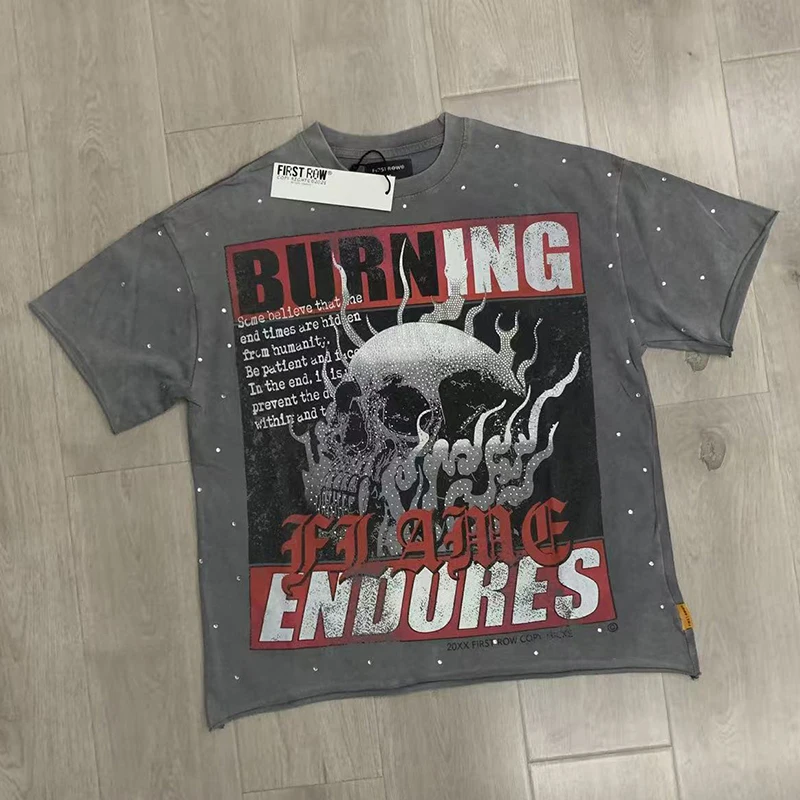 2026 FIRST ROW T-shirt BREAKING NEWS BURNING FLAMES CROPPED Fashion Hot Diamond Short-sleeved Shirts for Men Women