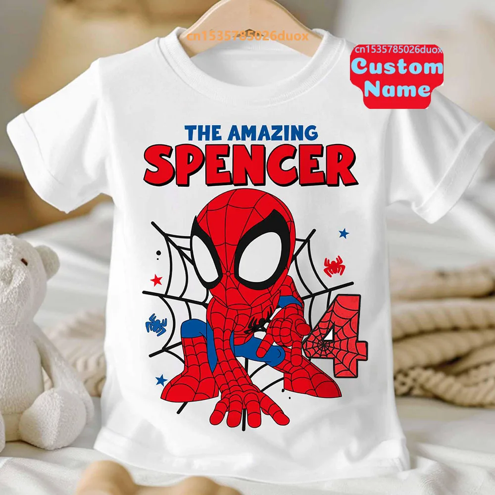 Summer 2025 Kid 2 3 4 5 6 7 8 Marvel Spiderman Girl Birthday Short Sleeve Shirt Spider-Man Boy Personalize Name Birthday Clothes