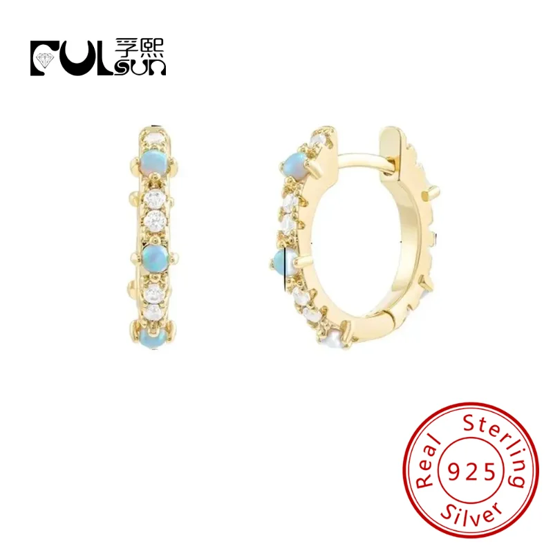 

Dainty 14k White Gold plated 925 Sterling silver Opal Hoop Earrings with Blue Opal and Cubic Zirconia Stones