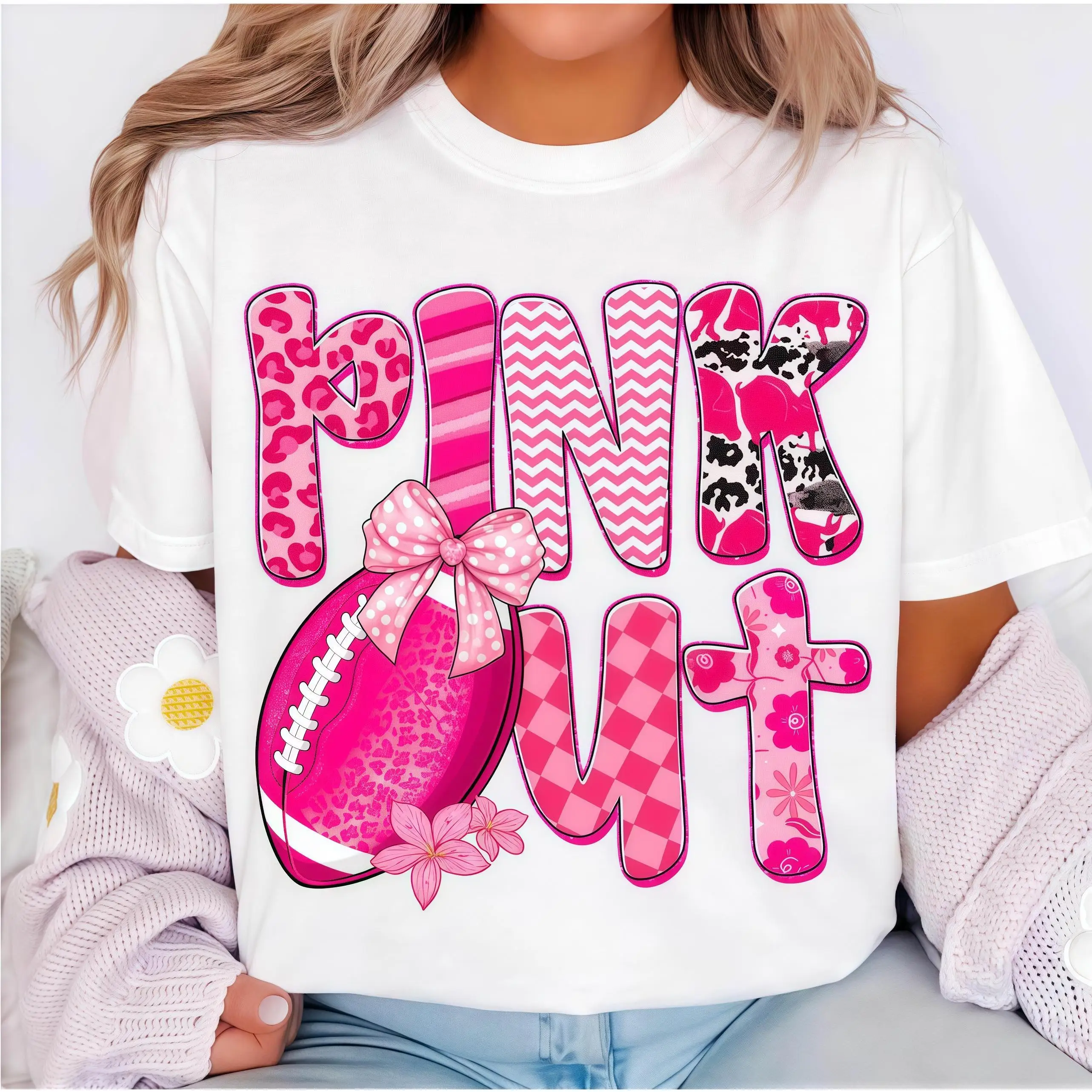 

"Pink Out T-Shirt Women's Breast Cancer Awareness Football Graphic Tee Support Ribbon Print Top Game Day Pink Ribbon Gift"