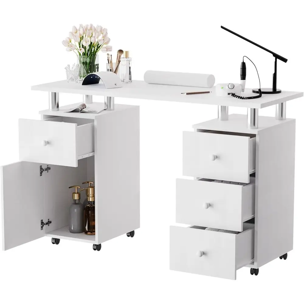 

47-inch White Nail Technician Desk with Drawers, Wrist Rest, and Lockable Wheels for Salon and Spa