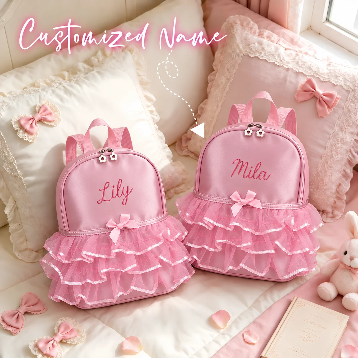 Rosa Rucksack mit besticktem Namen und Schleife, süßer mehrschichtiger Prinzessinnen-Rüschen-Tüll-Rucksack, perfekt als Geburtstags- und Weihnachtsgeschenk – Detail 2