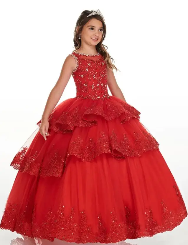 

Red Three Layers Ball Gown Ruffle Mini Quinceanera Dresses Pageant Girls Lace Beads Lace-up Jewel Flower Girl Dress Party