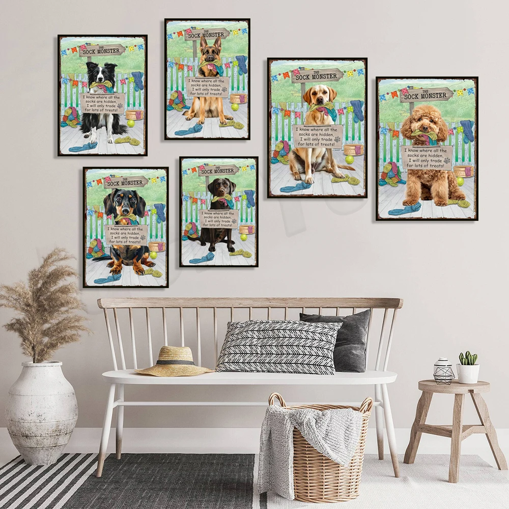 Sock monster border collie, dachshund, soft-coated wheaten terrier, yorkshire terrier, scottish terrier, sock thief dog poster