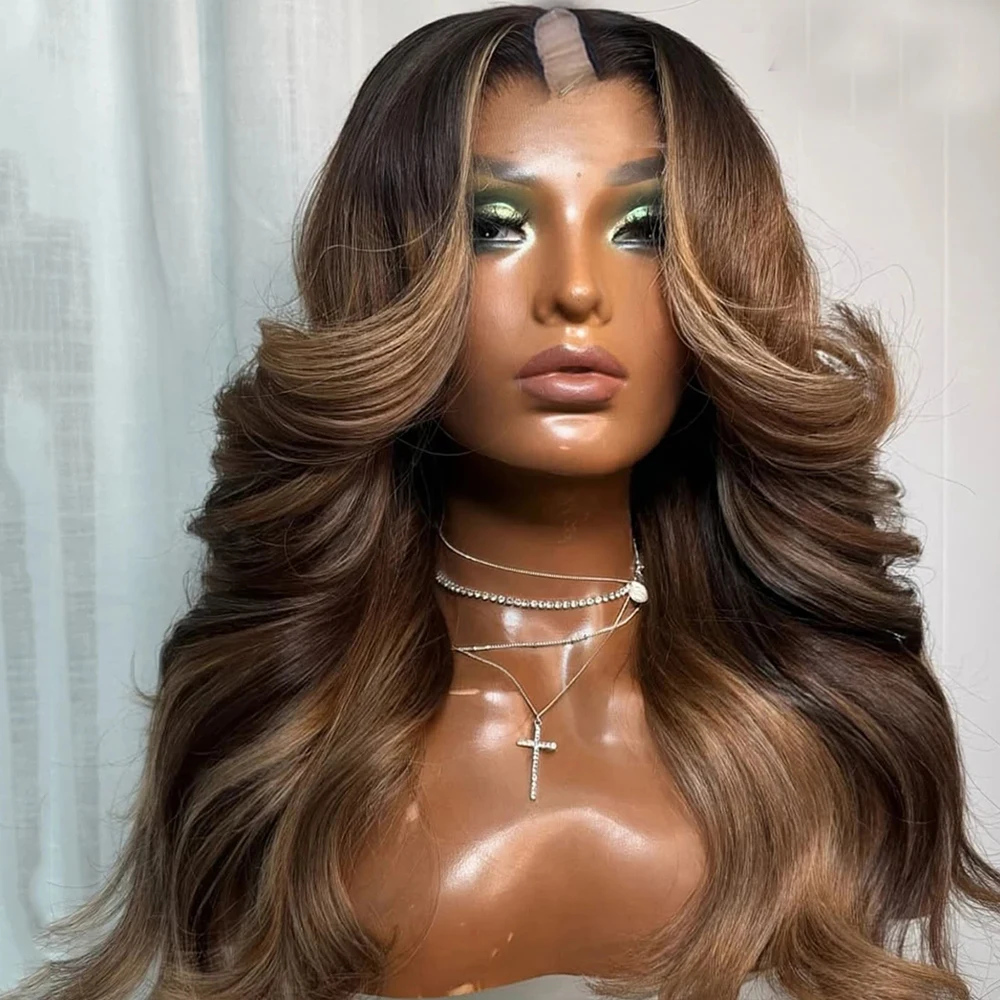 Natural Wavy Long Highlight Chestnut Blonde Brown U Part Wig for Black Women Glueless Easy Install V Part Remy Human Hair Wigs