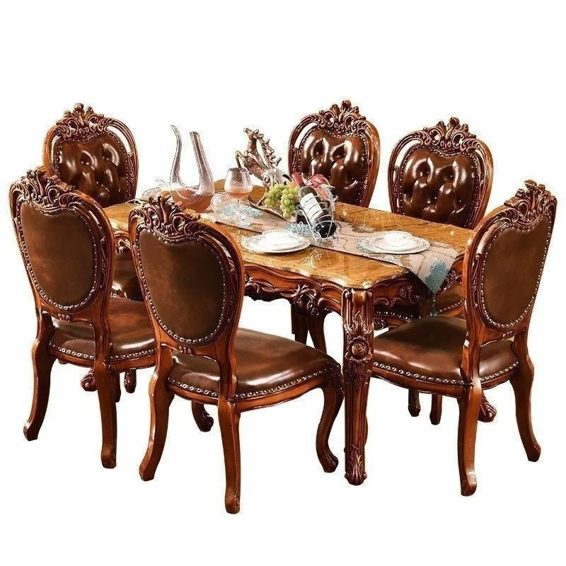

Роскошный 6-местный набор мебели для столовой, европейский современный антикварный комбинированный обеденный стол из массива дерева, мрамора, удобная школа