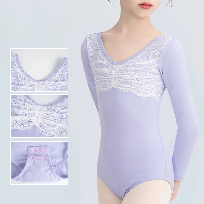 الفتيات الاطفال الباليه ثياب طويلة الأكمام تكدرت الدانتيل الرقص ثياب القطن الجمباز يوتار الخريف الشتاء الباليه داخلية