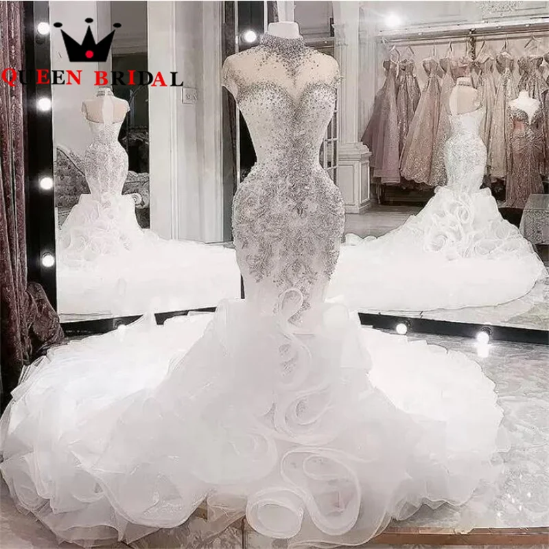 

Exquisite Beaded Crystals Wedding Dresses 2023 High Neck Mermaid Ruffles Train Bridal Gowns Vestidos De Novia Custom L33W