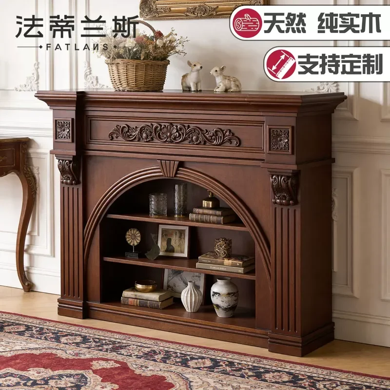 Pure Solid Wood Custom Engraved American Retro Fireplace Decorative Cabinet Living Room Porch End Table Simulation Stove