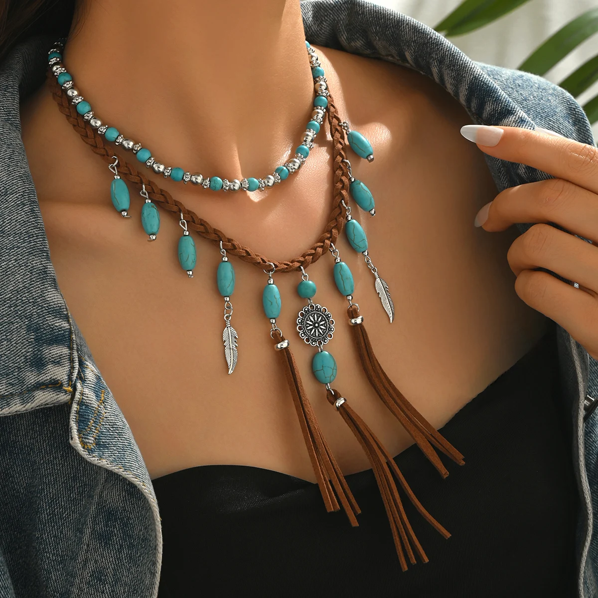 2 Piece Layered Turquoise Tassel Choker Necklace Western Boho Feather Pendant Brown Suede Summer Beach Jewelry for Women