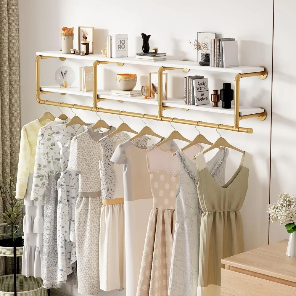 

Industrial Pipe Clothing Rack with Shelves, Gold Wall Mounted Clothes Rack for Home Retail