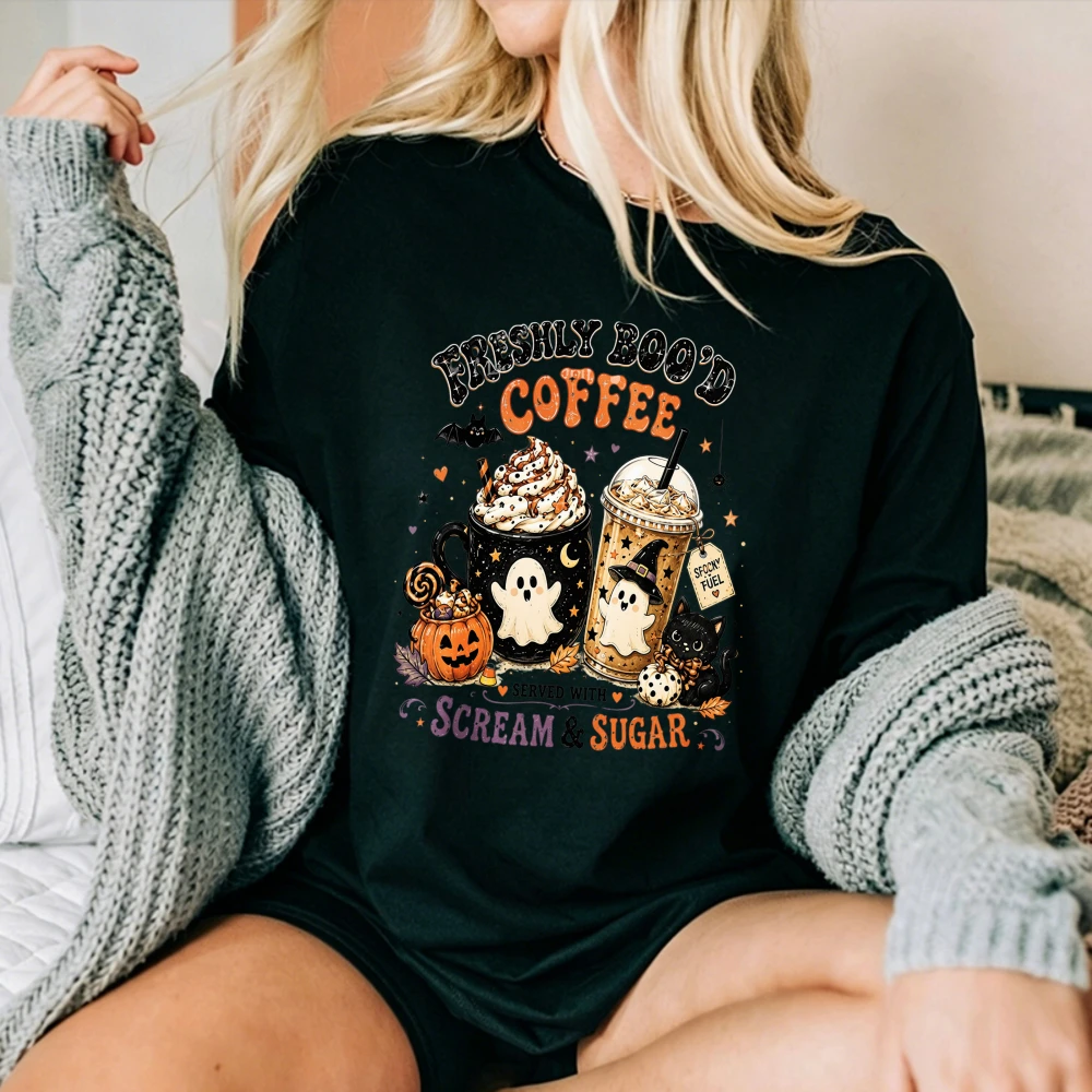 Freshly Boo'd Coffee Graphic T Shirt Cute Ghost Pumpkin Latte Black Cat Witch Hat Bat Print Halloween Scream Sugar Quote Spooky