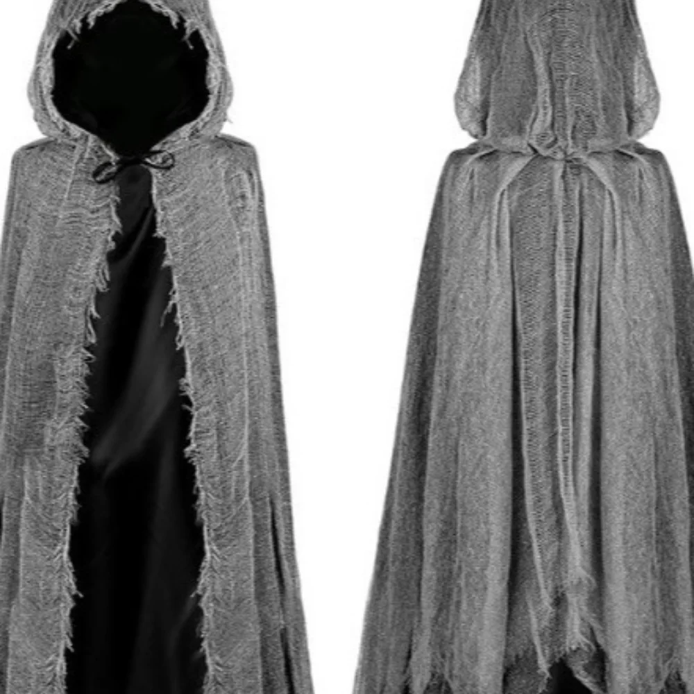 Distressed Ragged Hooded Full Length Cape Grey Rough Texture Tattered Cloak Adult Halloween Horror Ghost Medieval Wizard Role - view 5