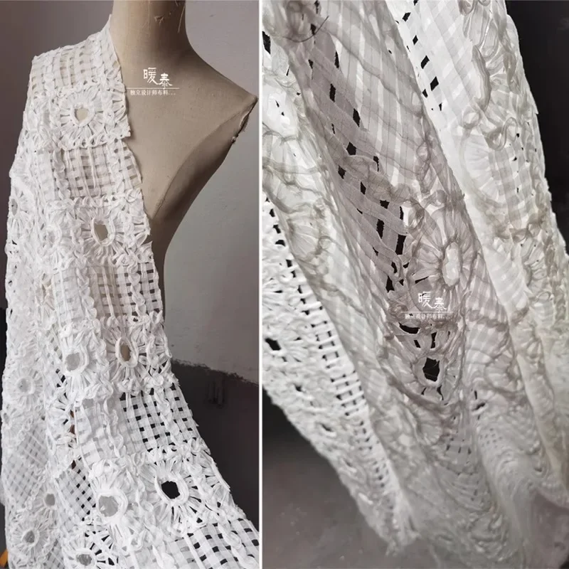 Exquisitely Decorated with Openwork Fabrics Staggered Flowers Designer Perspective Lace Mesh Dress Coat Wedding Fabric.