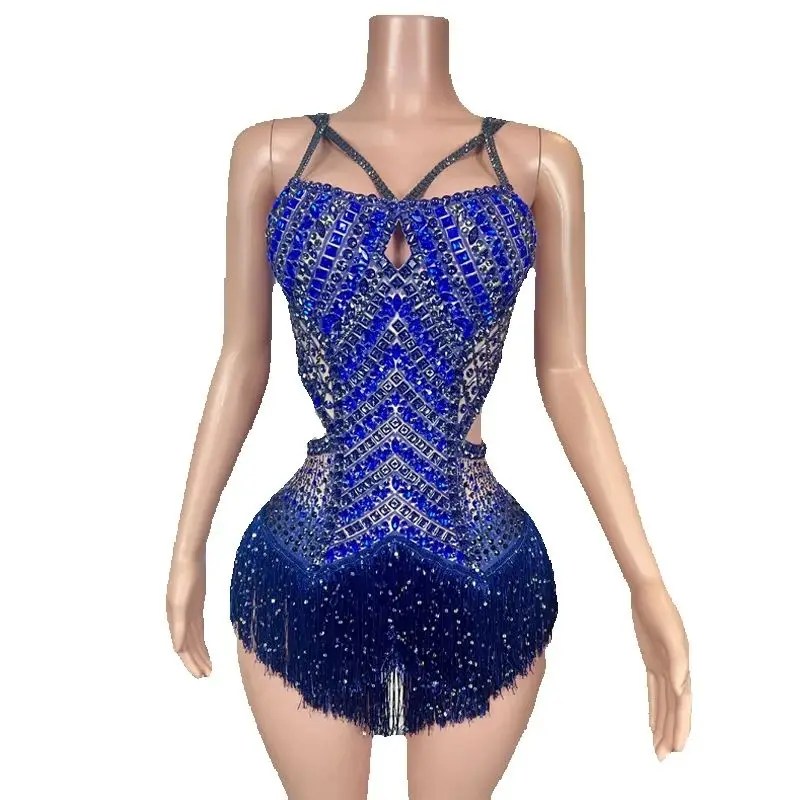 Women Singer Music Festival Outfits Blue Rhinestones Fringed Bodysuit Gogo Dancer Costume Bar Nightclub Dj Ds Stage Wear XS8720