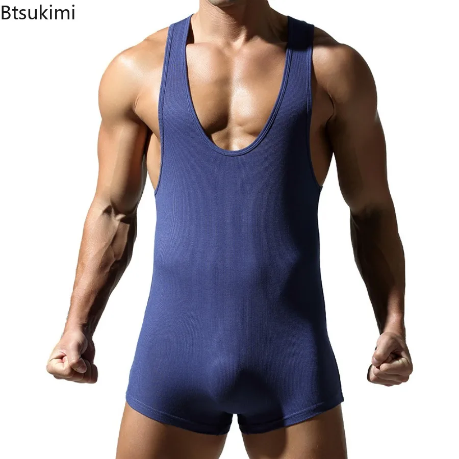 Sexy Men's Sports Fitness Wrestling Singlet Bodysuit Solid Color High Elastic Sleeveless One-Piece Jumpsuits Casual Home Rompers