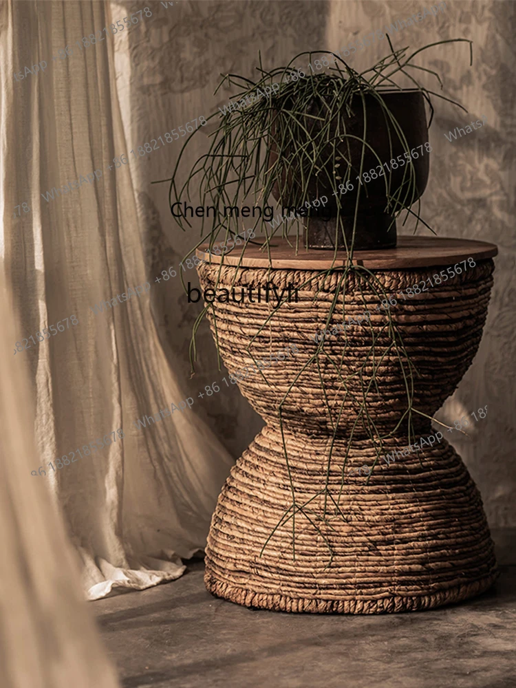 X المستوردة المنسوجة يدويا الروطان مقعد صغير القديم خشب الساج خشب متين الطعام البراز طاولة القهوة الصغيرة مقعد مستدير نمط جنوب شرق آسيا