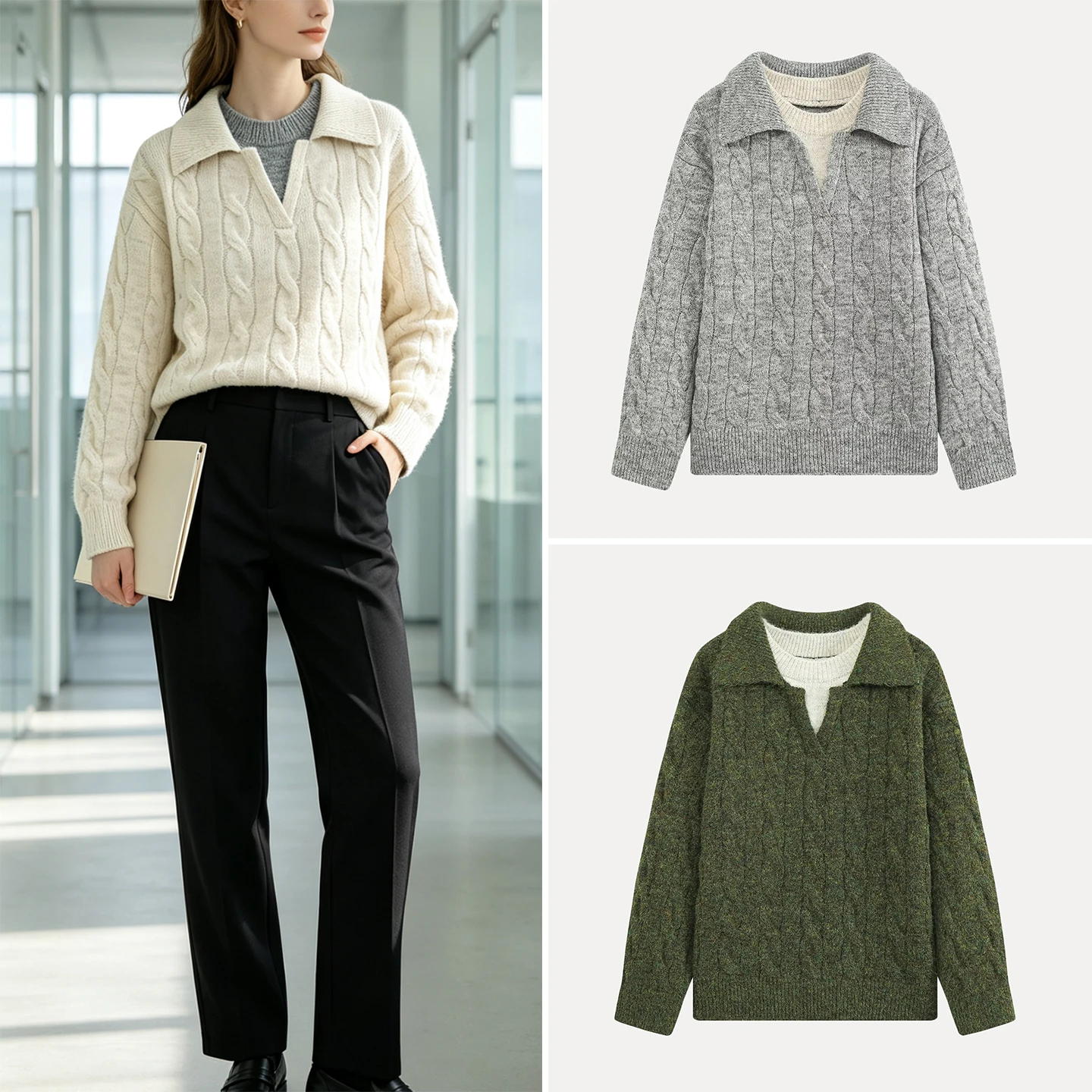 Fashionable Multi-Color Long Sleeve Knitted Top Women's Casual Style Collar Flip Color Block Design Autumn New Arrival