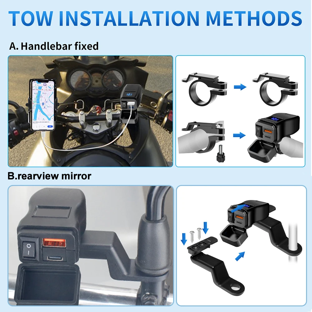 PD QC3.0 Motorcycle USB Fast Cellular Charger Waterproof Type C Port Socket Connector With Cell Mobile Voltmeter Digital Charge