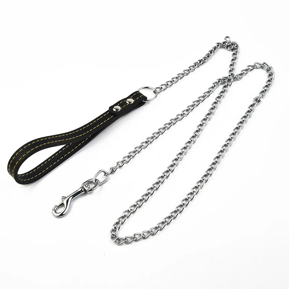 Metal Chain Dog Leash Leather Handle dog collar Dog walking rope Pets Supplies Durable strong control